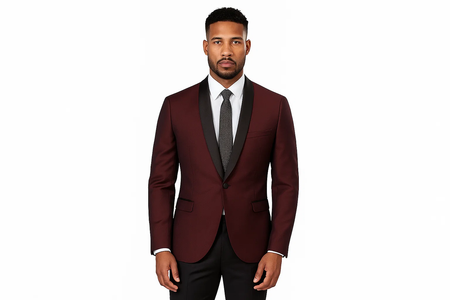 Cheap Priced Blazer Jacket For Men Online Slim Fit 1 Button Burgundy ~ Wine ~ Maroon Color Two Toned Black Lapel Satin Shawl Collar Dinner Jacket Looking! Burgundy Tuxedo