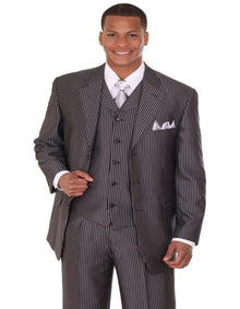 Three Button Suit - Classic Fit Pleated Pants - Mens 3 Button Vested Shiny Sharkskin Narrow Pinstripe Black Suit