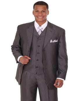 Three Button Suit - Classic Fit Pleated Pants - Mens 3 Button Vested Shiny Sharkskin Narrow Pinstripe Black Suit