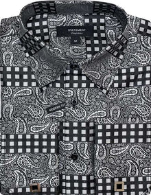 Mens Paisley Shirts - Club Fashion Dress Shirt Spread Collar in Black