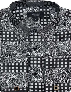 Mens Paisley Shirts - Club Fashion Dress Shirt Spread Collar in Black