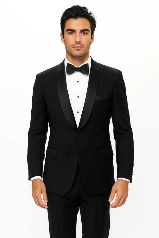 Black Single Button, Shawl Collar Tuxedo Jacket And Pants With Besom Pocket