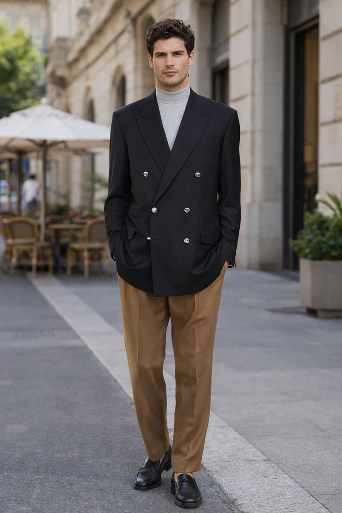 Black Six Button Double Breasted Suits Blazer Jacket Coat