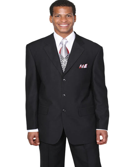 Three Button Suit - Classic Fit Pleated Pants - Mens Classic 3 Button Wool Feel Black Suit