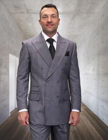 Statement Men's 2 Piece 100% Wool Plaid Fashion Suit - Double Breasted