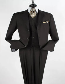 Three Button Suit - Classic Fit Pleated Pants - Mens Classic Fit Three Button Poplin Two Piece Black Suit