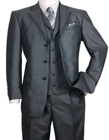 Three Button Suit - Classic Fit Pleated Pants - Mens 3 Button Vested Textured Shiny Sharkskin Black Church Suit