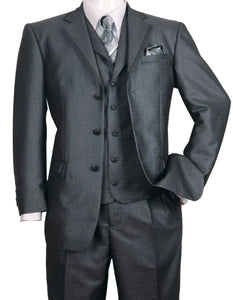 Three Button Suit - Classic Fit Pleated Pants - Mens 3 Button Vested Textured Shiny Sharkskin Black Church Suit