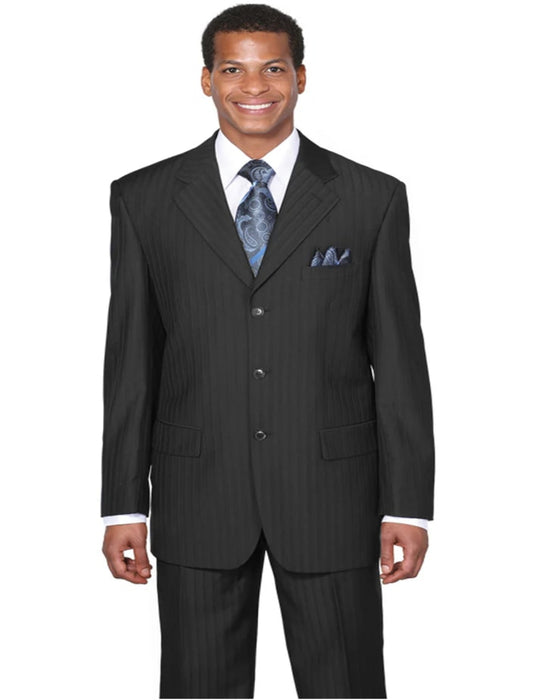 Three Button Suit - Classic Fit Pleated Pants - Mens Classic Fit 3 Button Tonal Pinstripe Black Suit