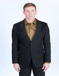 Men's Western Black Suit Sport Coat with Suede Yokes and Elbow Patches - Traje Para Hombre