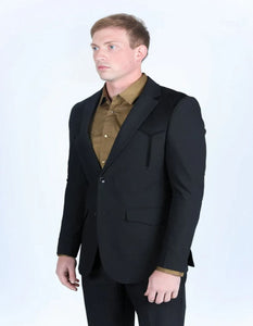 Men's Western Black Suit Sport Coat with Suede Yokes and Elbow Patches - Traje Para Hombre