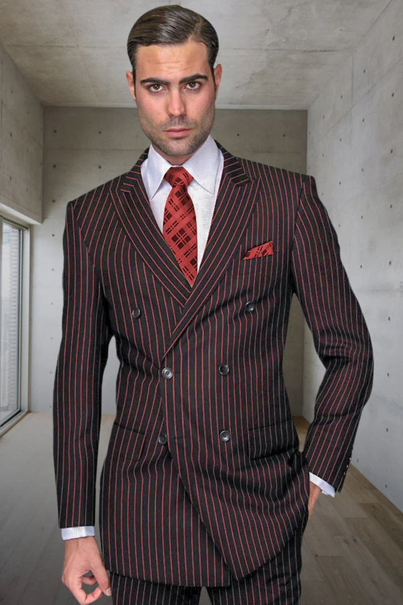 Black and Red Pinstripe Double breasted Suit - 100% Wool Modern Fit Side Vents by Statement brand - Image 9
