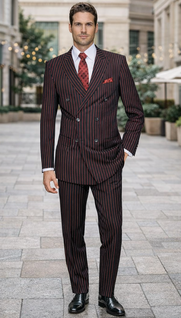 Black and Red Pinstripe Double breasted Suit - 100% Wool Modern Fit Side Vents by Statement brand - Image 7