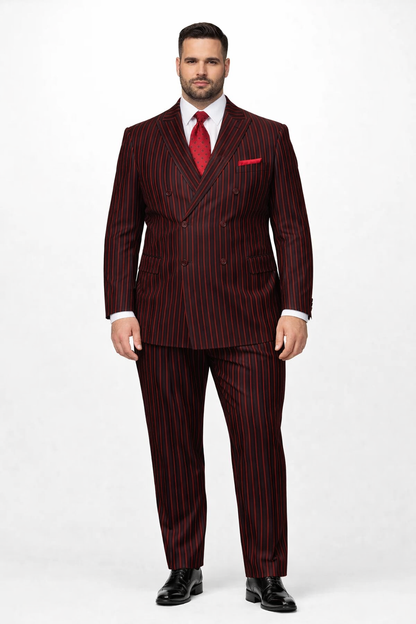 Black and Red Pinstripe Double breasted Suit - 100% Wool Modern Fit Side Vents by Statement brand - Image 6