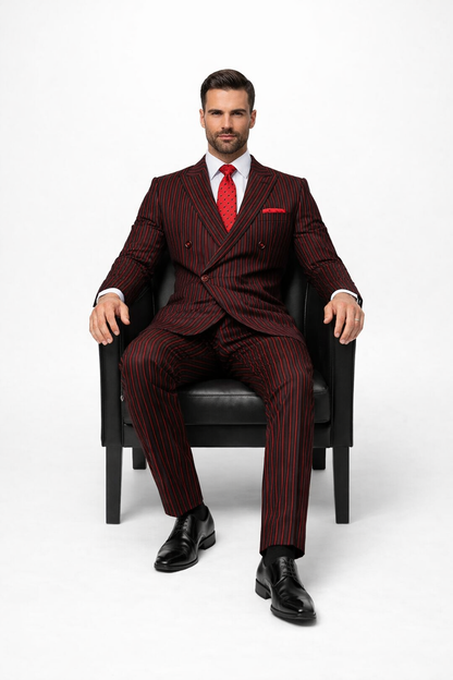 Black and Red Pinstripe Double breasted Suit - 100% Wool Modern Fit Side Vents by Statement brand - Image 5