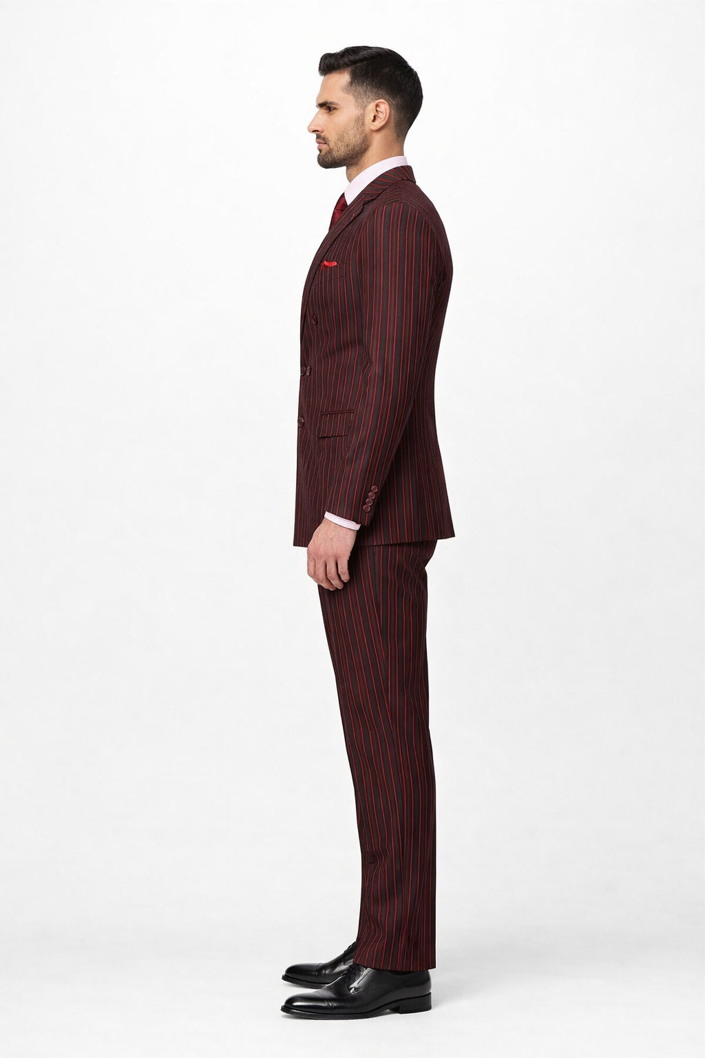 Black and Red Pinstripe Double breasted Suit - 100% Wool Modern Fit Side Vents by Statement brand - Image 3