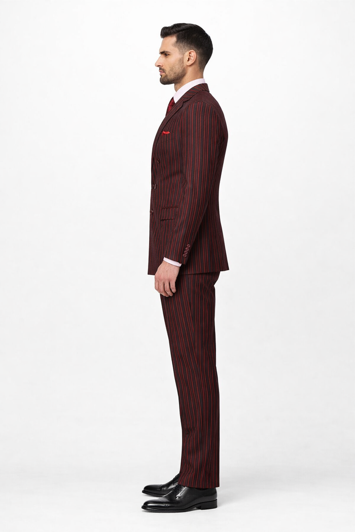 Black and Red Pinstripe Double breasted Suit - 100% Wool Modern Fit Side Vents by Statement brand - Image 3