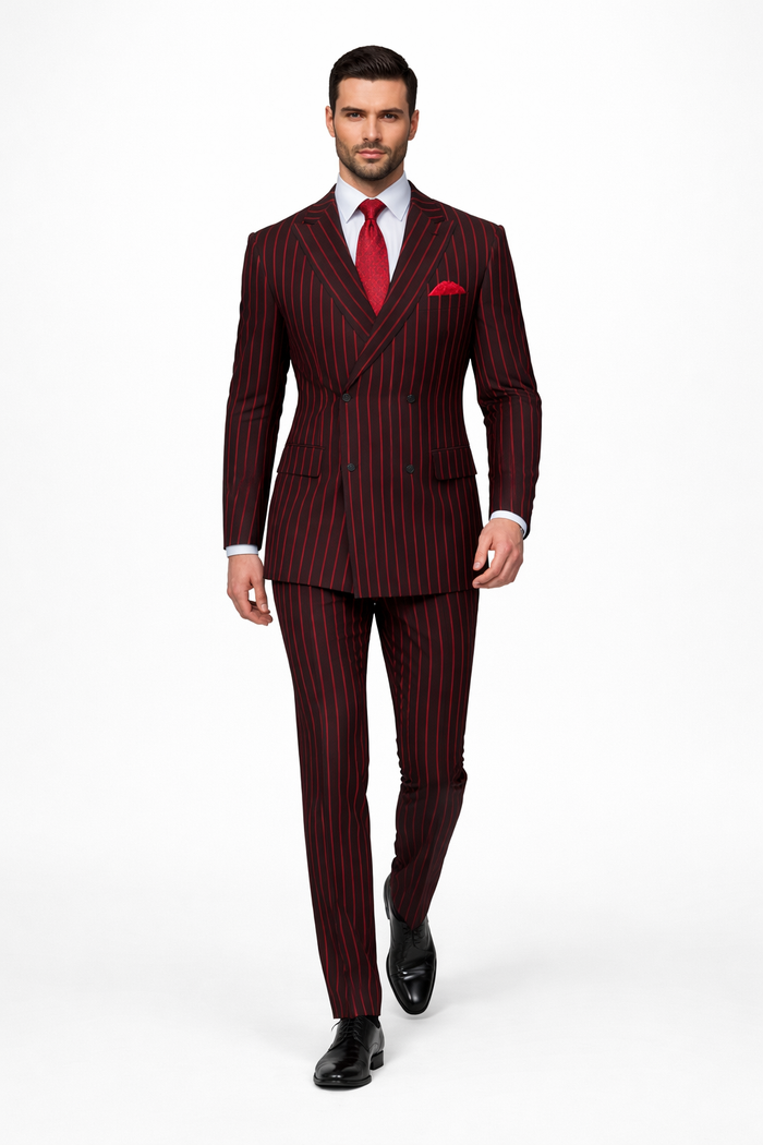 Black and Red Pinstripe Double breasted Suit - 100% Wool Modern Fit Side Vents by Statement brand - Image 4