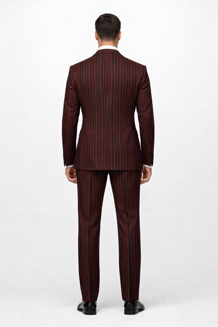 Black and Red Pinstripe Double breasted Suit - 100% Wool Modern Fit Side Vents by Statement brand - Image 2
