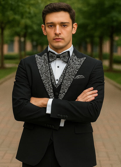 Black and White Prom Tuxedo - Perfect Wedding Suit Vested rhinestone sequin Lapelled - Image 7