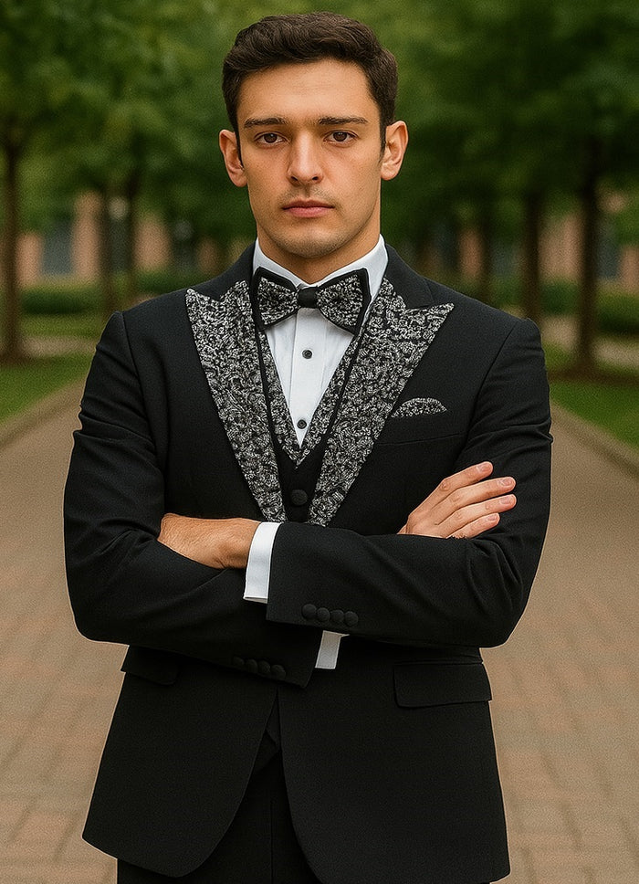 Black and White Prom Tuxedo - Perfect Wedding Suit Vested rhinestone sequin Lapelled - Image 7