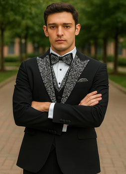 Black and White Prom Tuxedo - Perfect Wedding Suit Vested rhinestone sequin Lapelled - Image 7