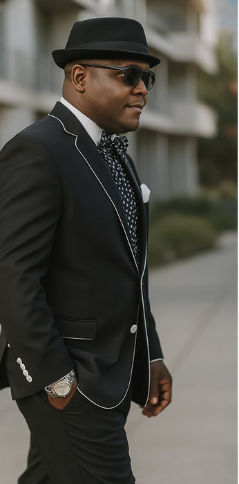 Black and White Trim Lapel Tuxedo Suit