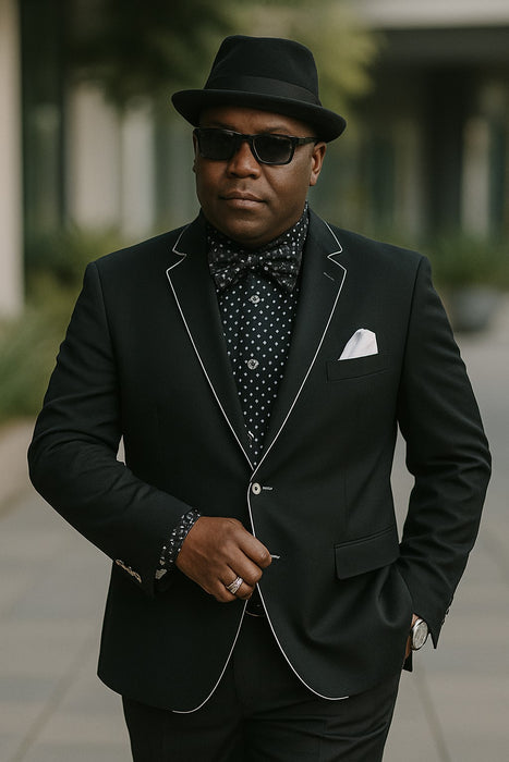 Black and White Trim Lapel Tuxedo Suit