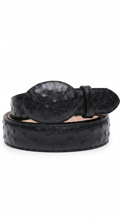 Men’s Black Genuine Ostrich Quill Belt, Exotic Leather Dress Belt for Formal and Western Wear