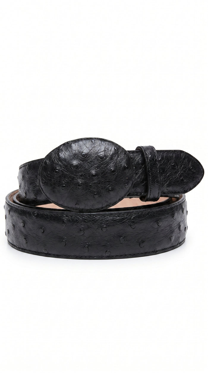 Men’s Black Genuine Ostrich Quill Belt, Exotic Leather Dress Belt for Formal and Western Wear
