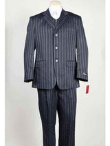 Men's Blue 3 Button Bold ~ Gangster ~ Chalk Stripe Navy Blue With Light Blue Stripe