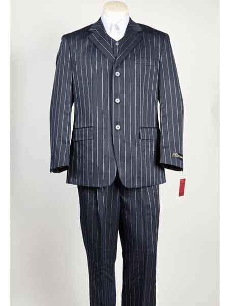 Men's Blue 3 Button Bold ~ Gangster ~ Chalk Stripe Navy Blue With Light Blue Stripe