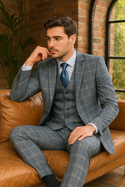 Mens Blue Windowpane Checkered Slim Fit Suit – 3 Piece Stretch Business Suit - Image 3
