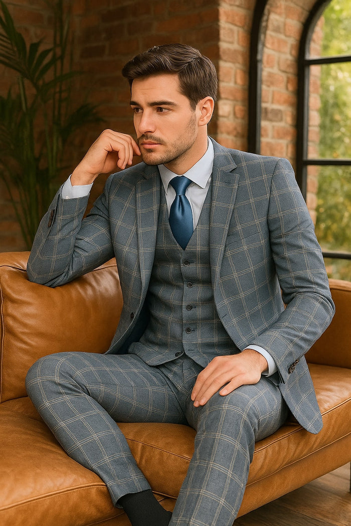 Mens Blue Windowpane Checkered Slim Fit Suit – 3 Piece Stretch Business Suit - Image 3