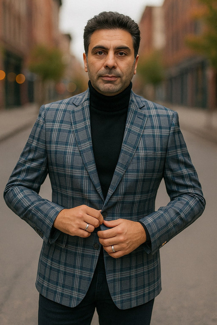 Mens Blue and Grey Windowpane Plaid Blazer –  Casual Sport Coat - Image 4