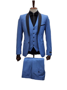 Men's Light Blue Tuxedo 3-Piece Suit with Black Shawl Lapel – Formal Wedding & Prom Attire in Steel Blue - Image 2