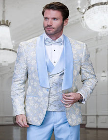 Blue Wedding Tuxedo - Men's Designer Vested Wedding & Prom Sky Blue and Gold Floral Paisley Tuxedo