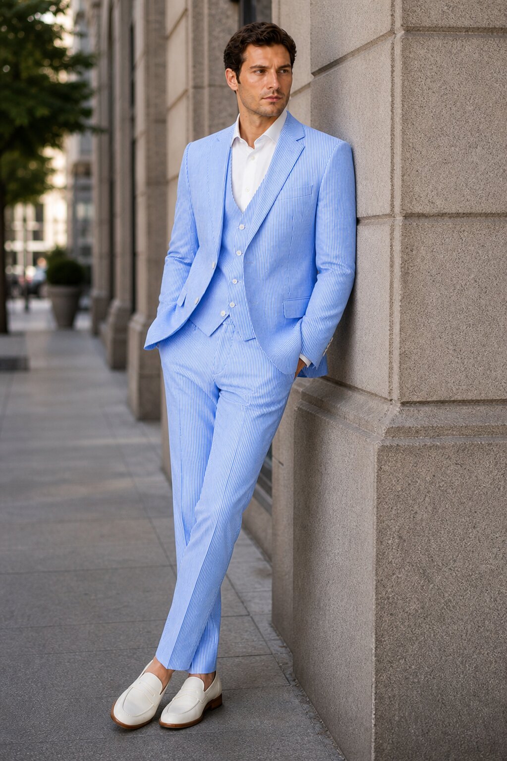 Men's  Notch Label Orange Colour Summer Seersucker Fabric Jacket and Pants 3 Piece Suit