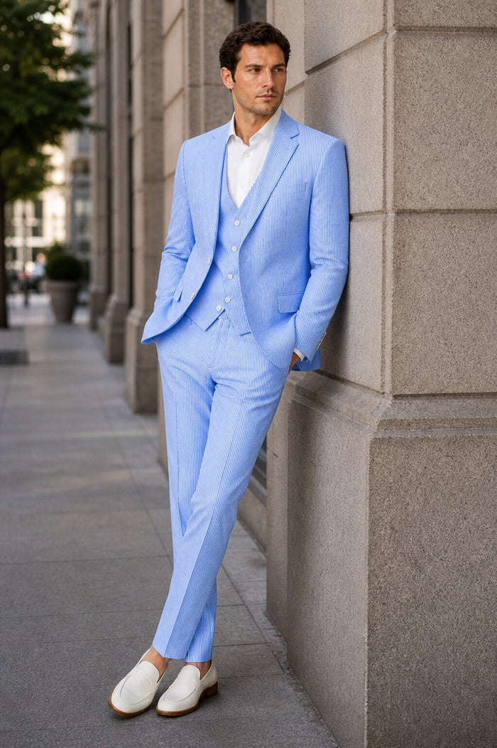 Men's  Notch Label Orange Colour Summer Seersucker Fabric Jacket and Pants 3 Piece Suit