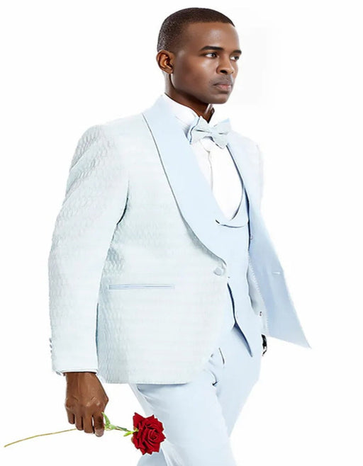 Blue Wedding Tuxedo - Men's One Button Vested Honeycomb Lace Design Sky Blue Wedding Prom Tuxedo