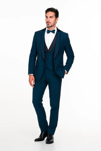 Blue Slim Fit Tuxedo 3 Piece with Satin Shawl Collar Vest
