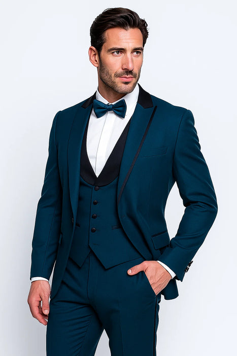 Blue Slim Fit Tuxedo 3 Piece with Satin Shawl Collar Vest
