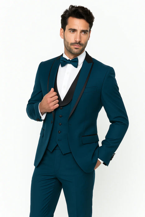 Blue Slim Fit Tuxedo 3 Piece with Satin Shawl Collar Vest