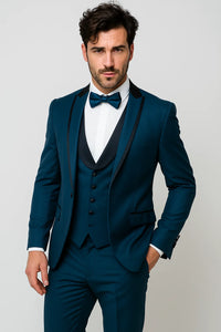 Blue Slim Fit Tuxedo 3 Piece with Satin Shawl Collar Vest