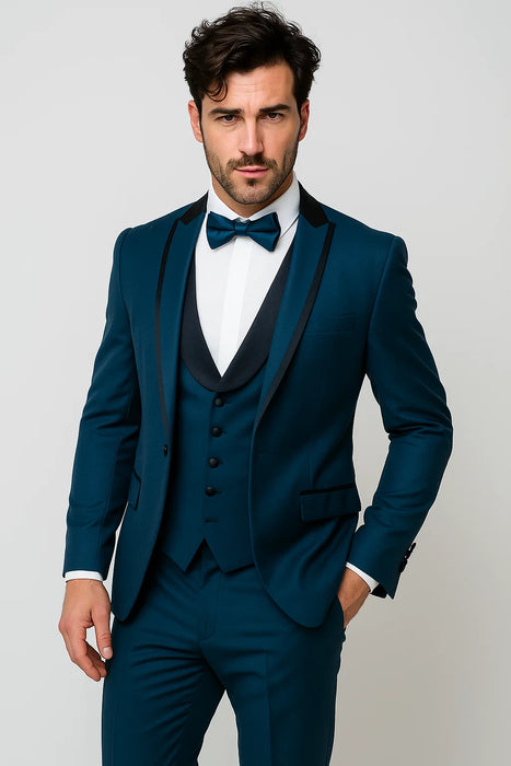 Blue Slim Fit Tuxedo 3 Piece with Satin Shawl Collar Vest