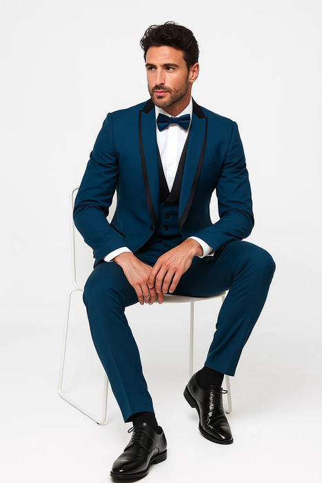 Blue Slim Fit Tuxedo 3 Piece with Satin Shawl Collar Vest
