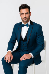 Blue Slim Fit Tuxedo 3 Piece with Satin Shawl Collar Vest
