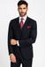 Classic Wool Fabric Fit - Pleated Pant - Peak Lapel With Double Breasted Vest - Athletic Fit Dark Navy with Blue Stripe Mens Suit