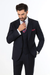 Classic Wool Fabric Fit - Pleated Pant - Peak Lapel With Double Breasted Vest - Athletic Fit Dark Navy with Blue Stripe Mens Suit