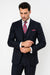Classic Wool Fabric Fit - Pleated Pants - Peak Lapel With Double Breasted Vest - Athletic Fit Dark Navy with Blue Stripe Mens Suit
